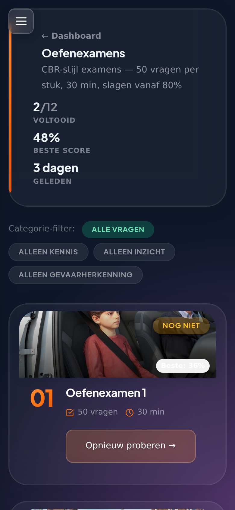 Lijst van 12 oefenexamens met categorie-filter en voortgang